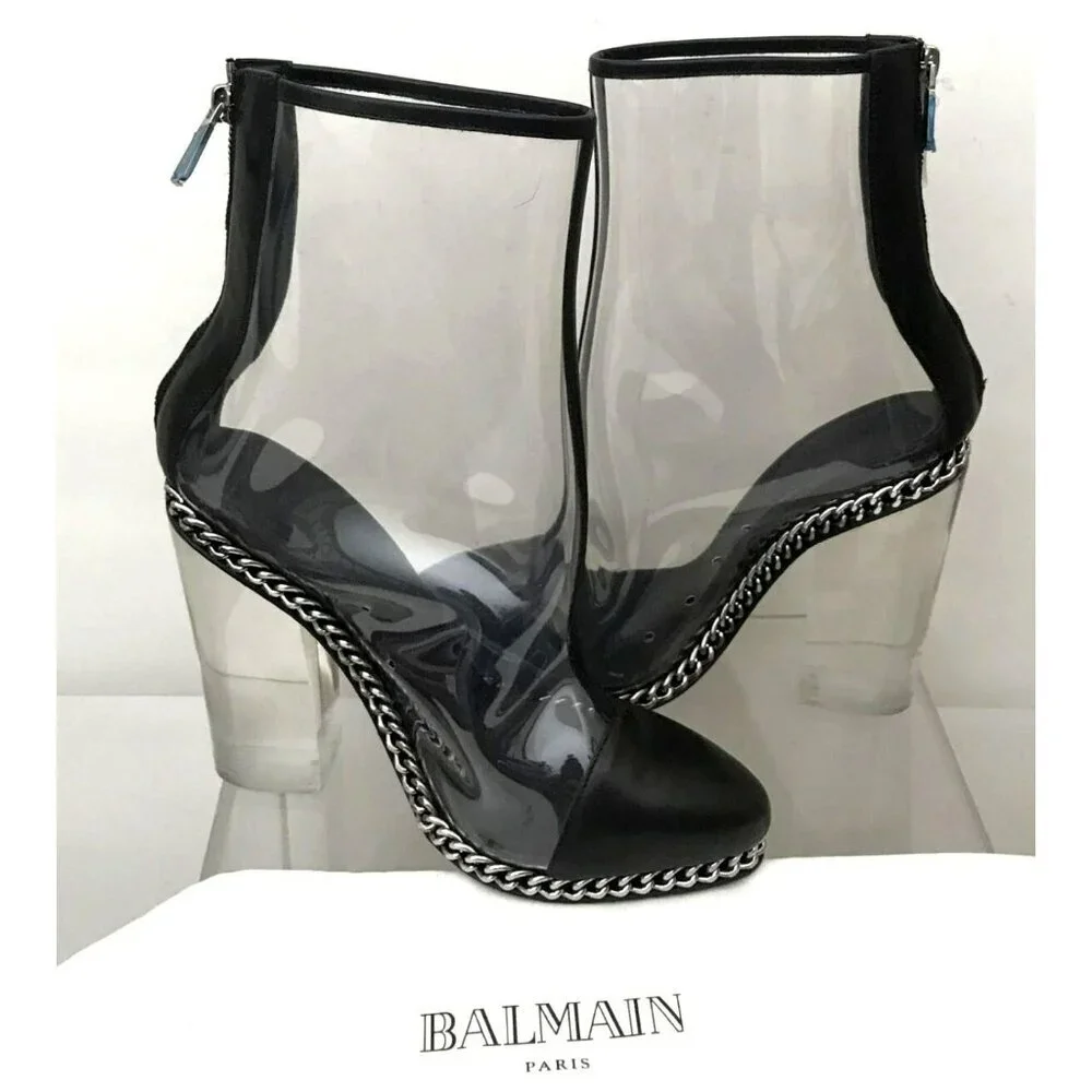 BALMAIN Dax Clear Booties Chain Captoe Noir Sz 38 US 8 Lucite Heel